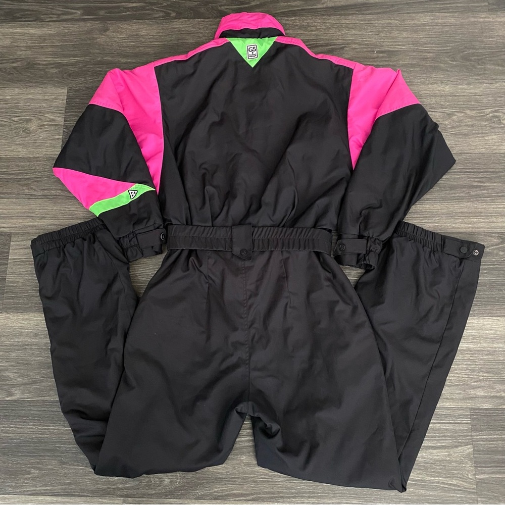 Vintage Black Bear Snow Suit Womens Medium Pink Green Ski Snowboard One Piece - Picture 6 of 14